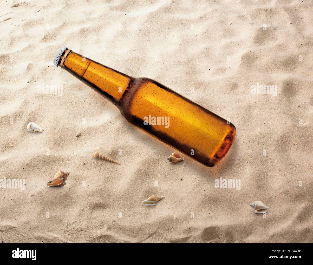 Bottle of beer on the beach being carried by sea waves to the shore Stock Photo