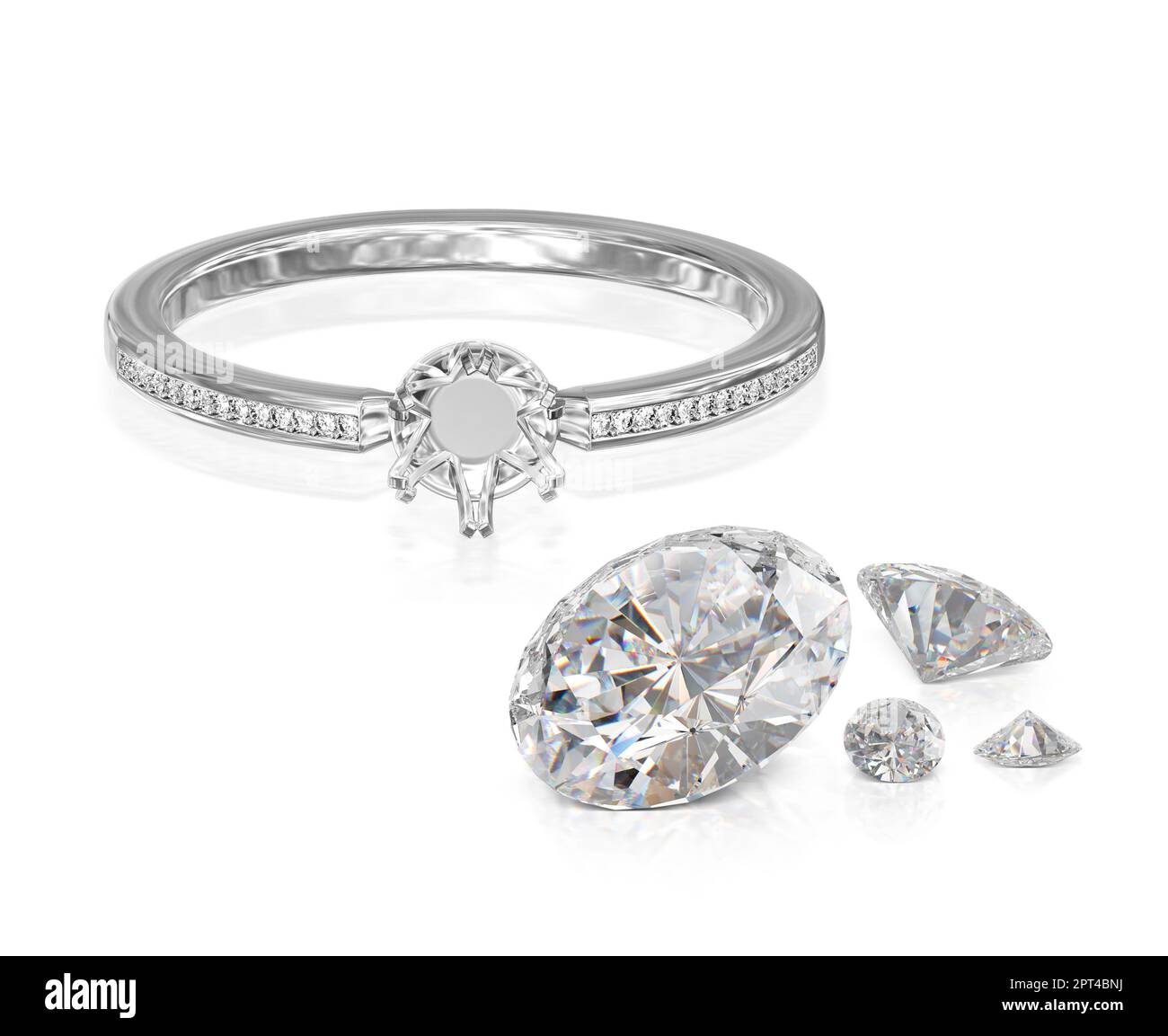 White gold or silver ring without gemstone and round diamond with