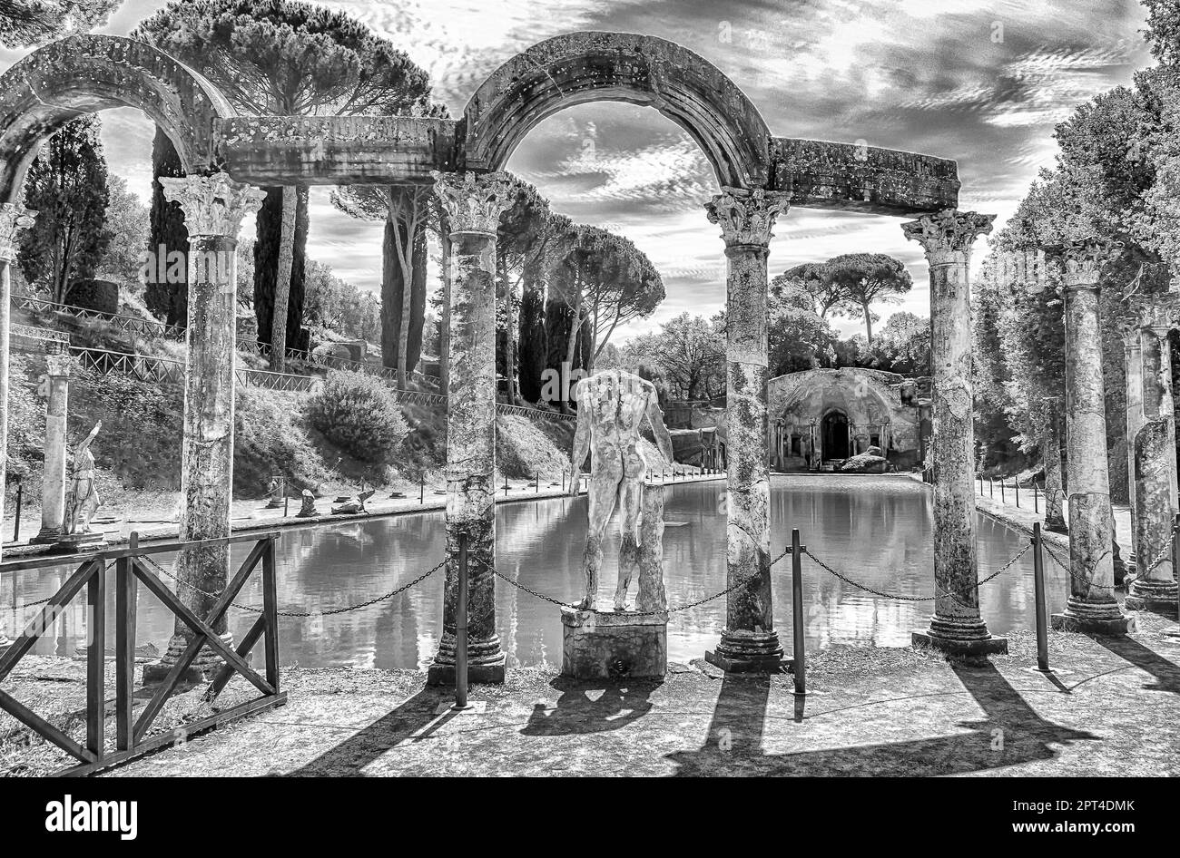 The ancient pool called Canopus, surrounded by greek sculptures in Villa Adriana (Hadrian's Villa), Tivoli, Italy Stock Photo