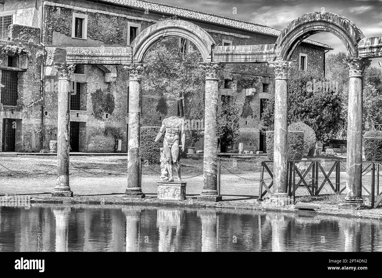The ancient pool called Canopus, surrounded by greek sculptures in Villa Adriana (Hadrian's Villa), Tivoli, Italy Stock Photo