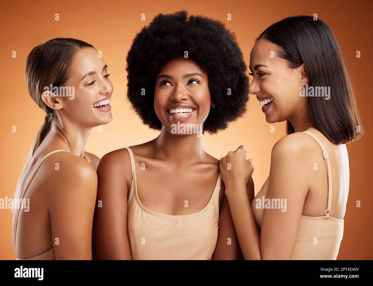 Happy, makeup and women group smile with skincare for face against a mockup  studio background. Group of diversity model friends with natural, beauty a  Stock Photo - Alamy