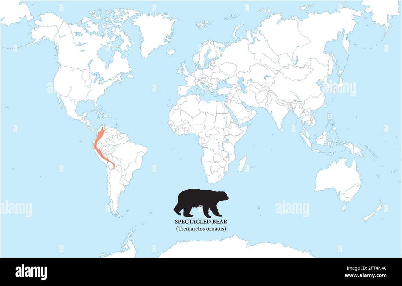 Map of the distribution and habitat of the spectacled bear Stock Vector