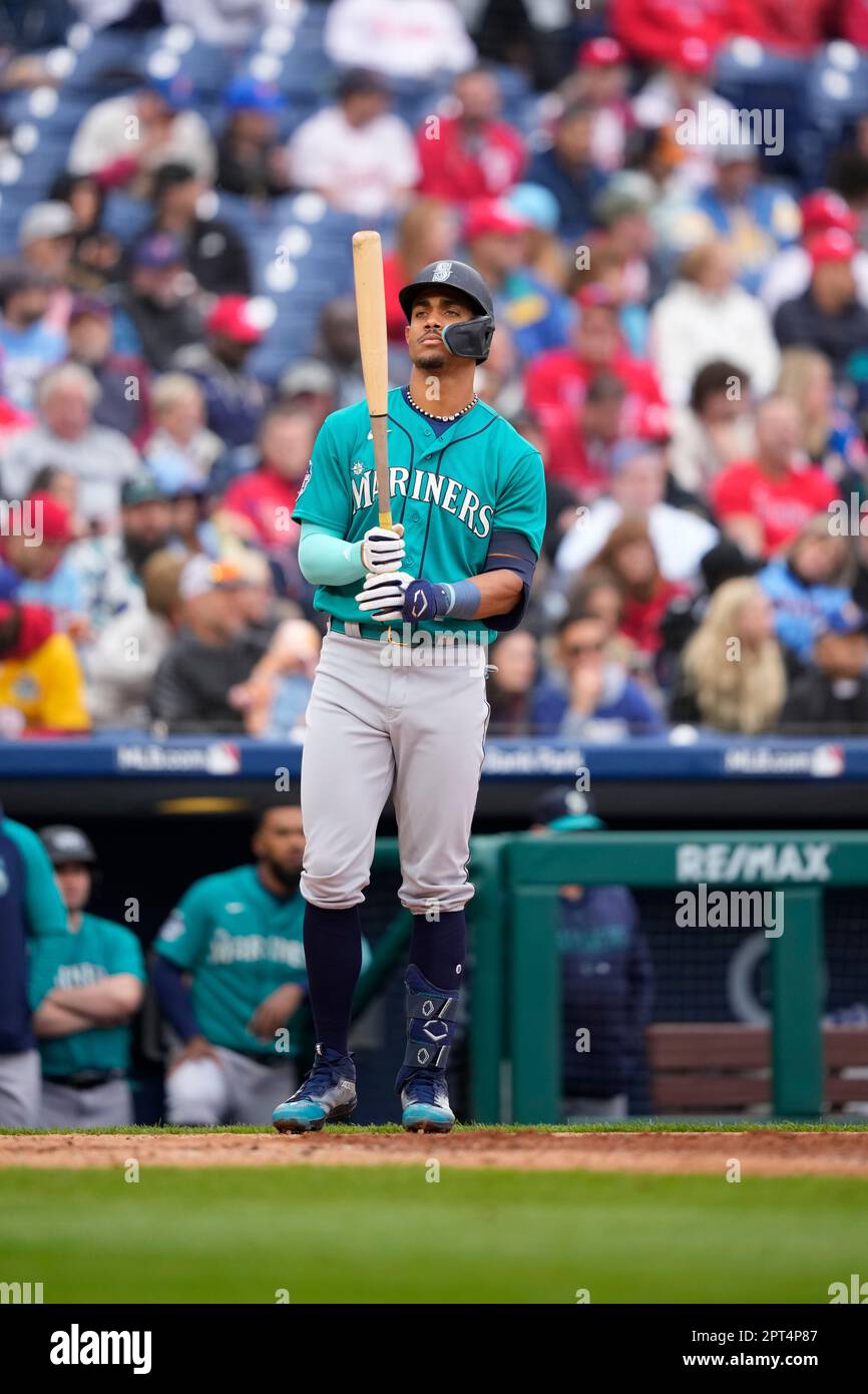 Seattle Mariners' Julio Rodriguez plays during a baseball game, Thursday,  April 27, 2023, in Philadelphia. (AP Photo/Matt Slocum Stock Photo - Alamy