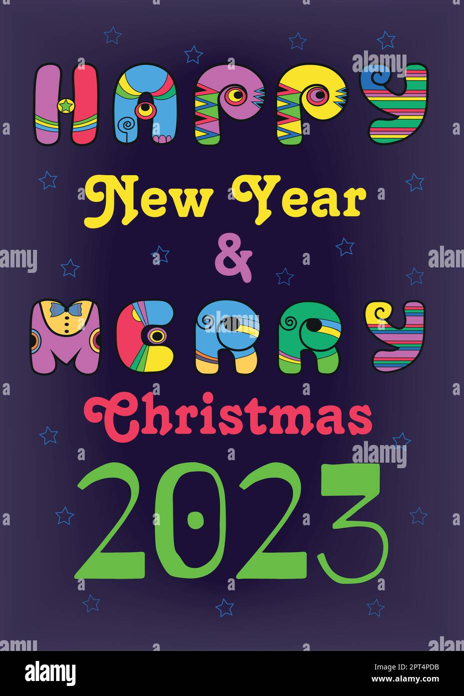 Happy New Year 2023 and Merry Christmas. Festive inscription by artistic retro font bright