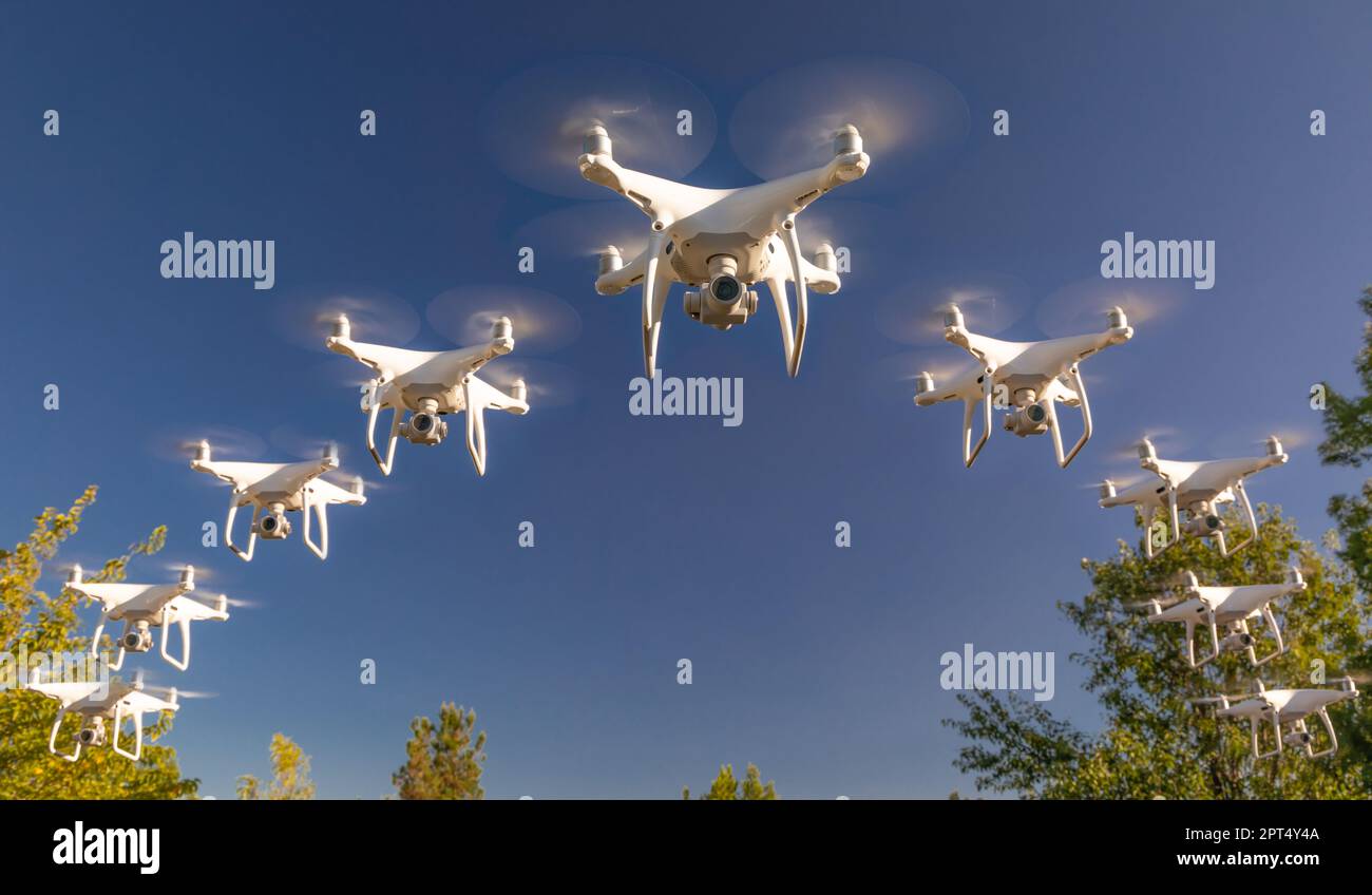 Formation of Drones Swarm in the Blue Sky Stock Photo Alamy