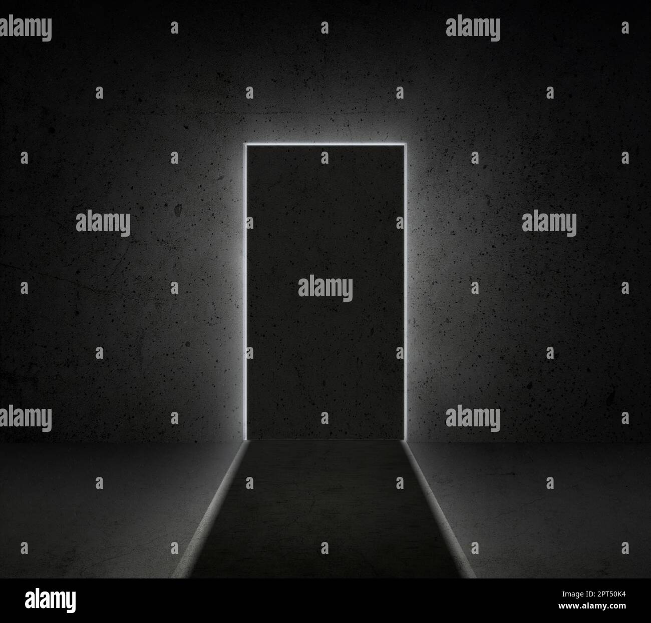 Black door with bright light shines from door in dark room. Dream