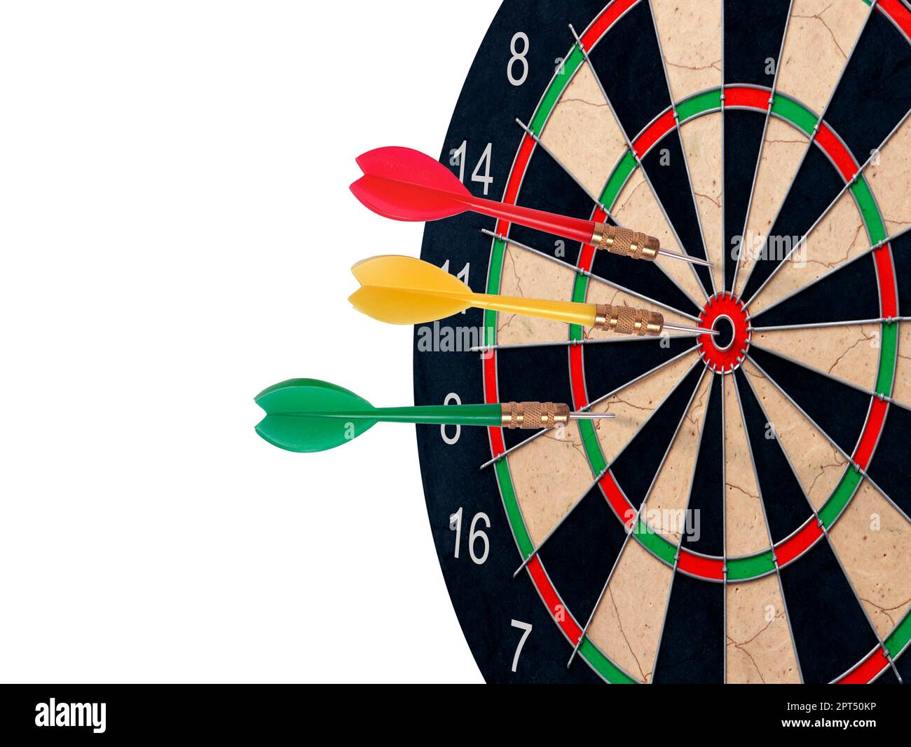 Colorful darts hitting a target, isolated on white Stock Photo - Alamy