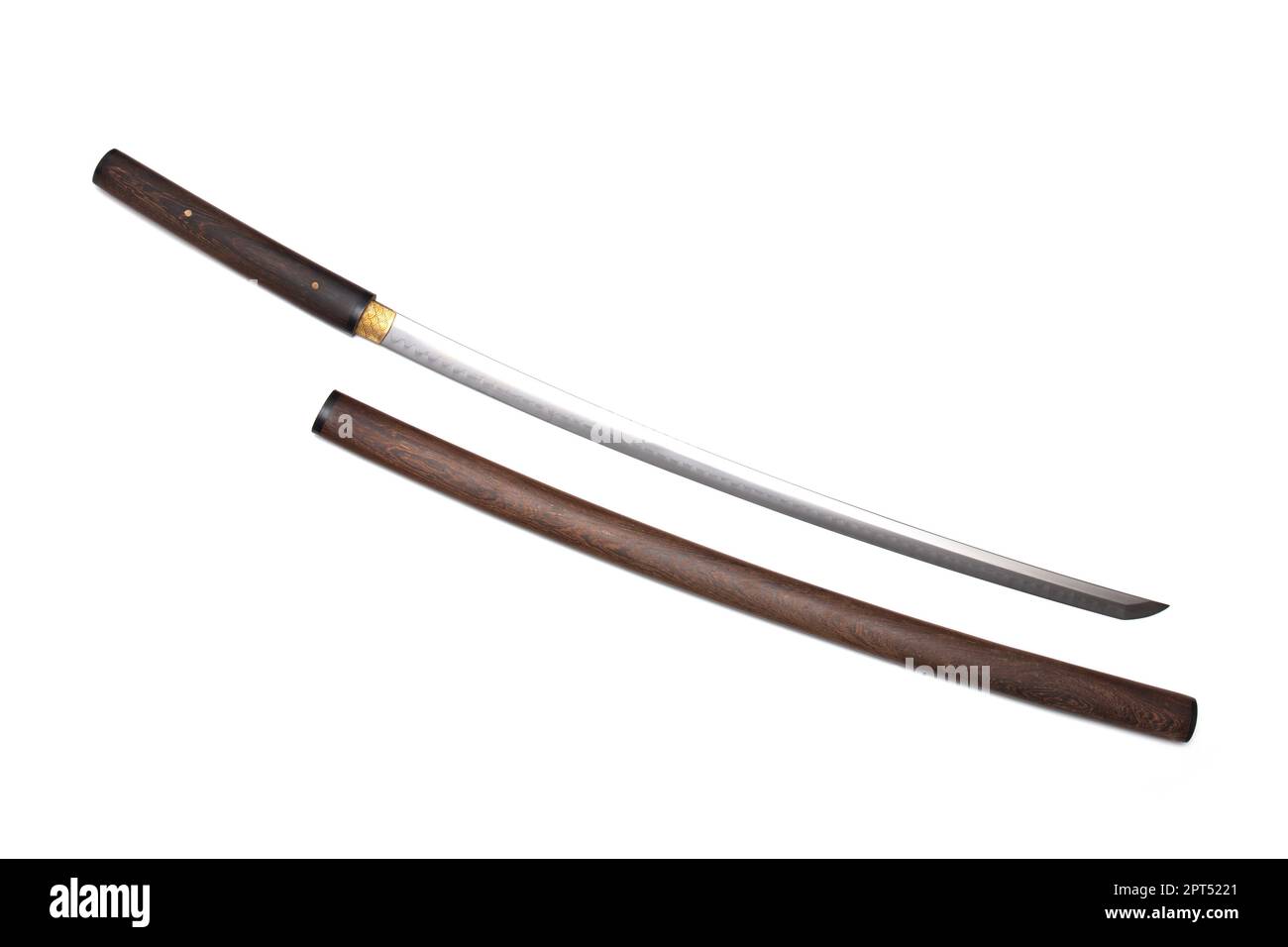 Japanese sword show blade with wooden scabbard isolated in white background. This kind of