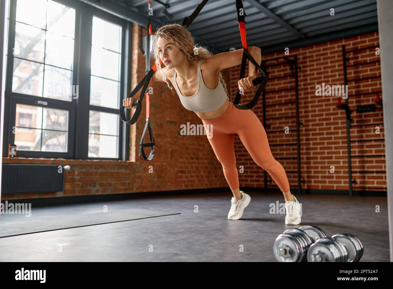 Young woman doing arm exercises with trx suspension straps at gym. Push-up  training for strength development Stock Photo - Alamy