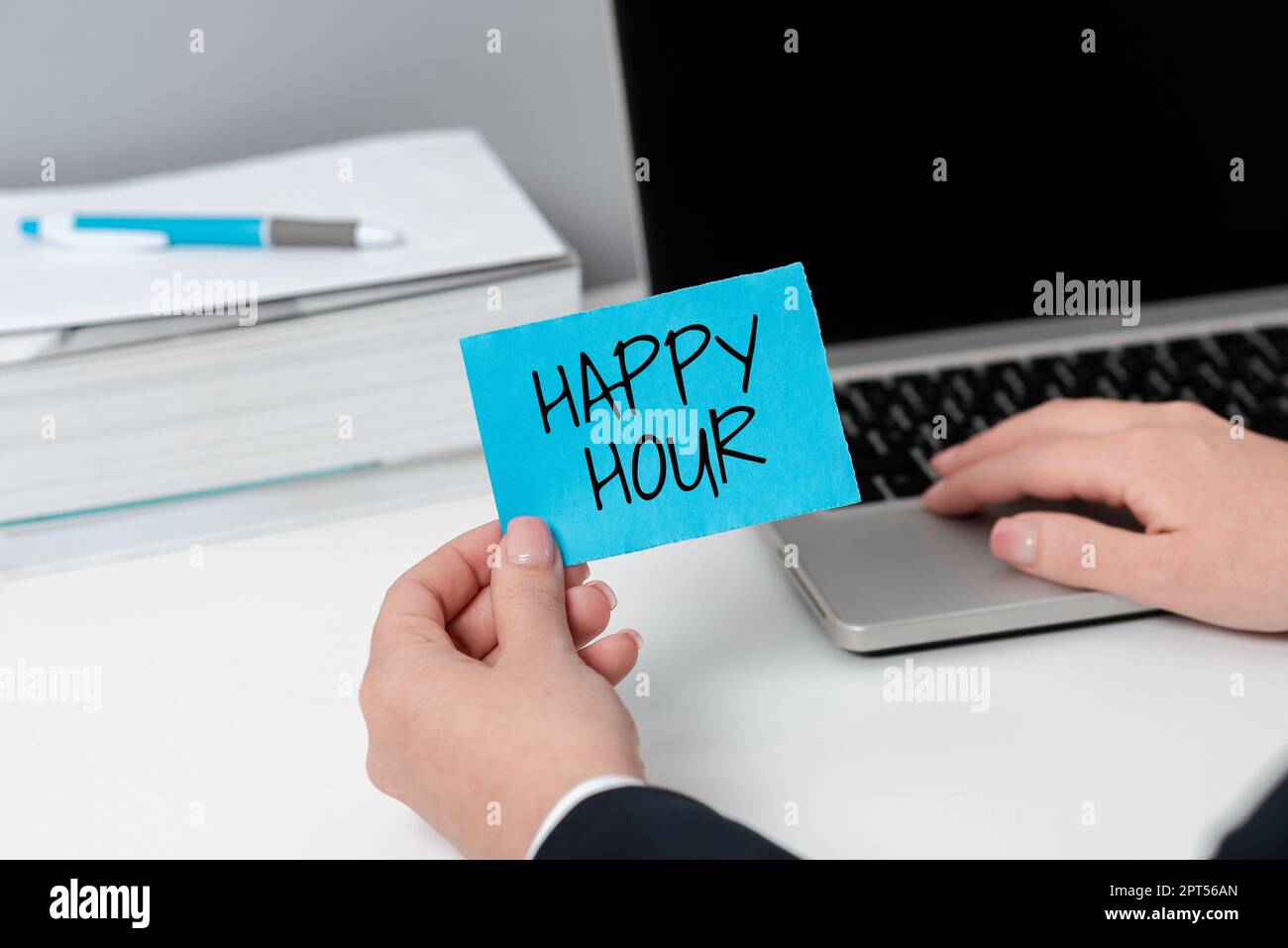 Conceptual caption Happy Hour, Internet Concept Spending time for activities that makes you relax for a while Stock Photo