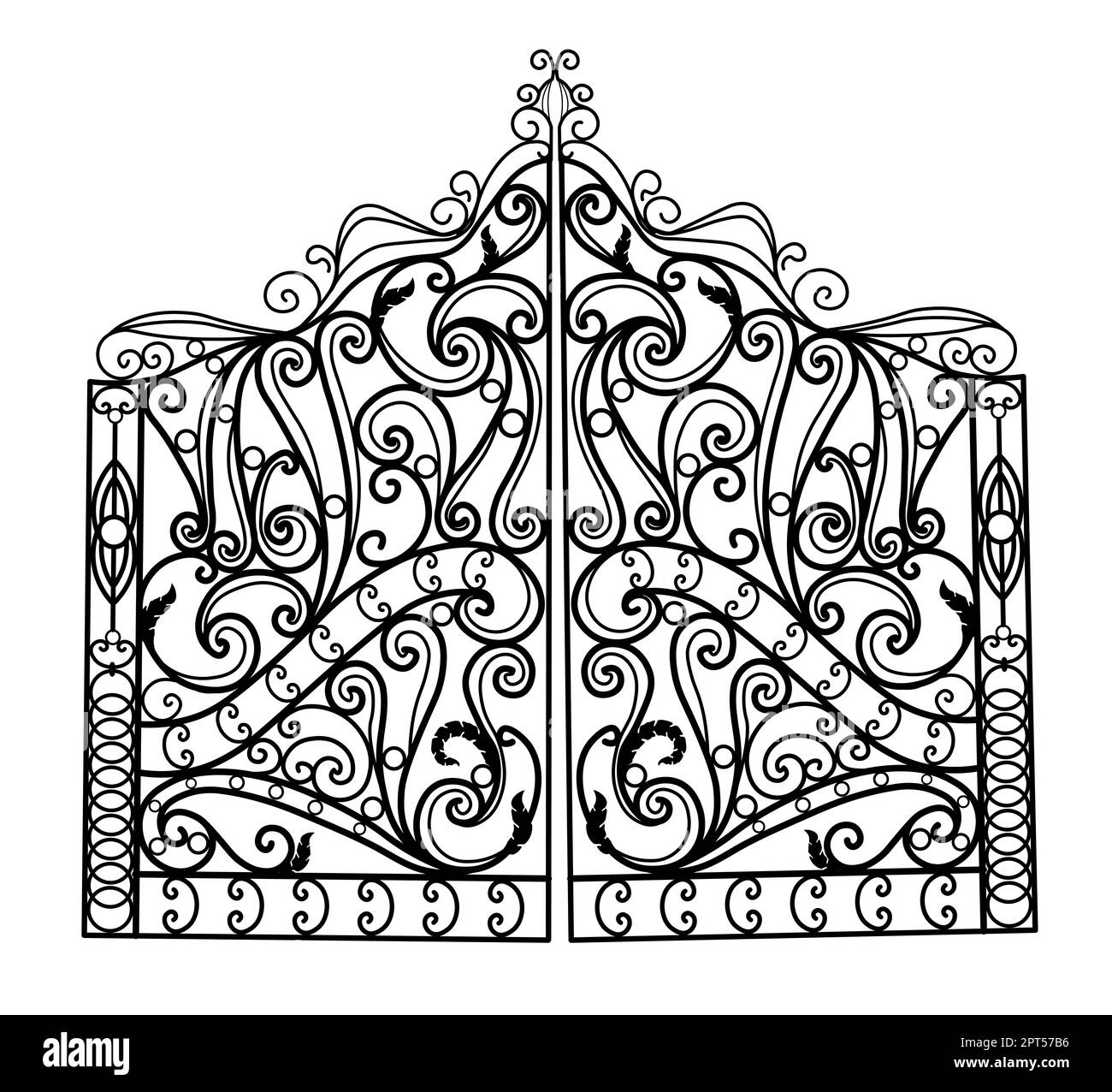 Wrought iron gate and fence.Black metal gate with ornaments on a