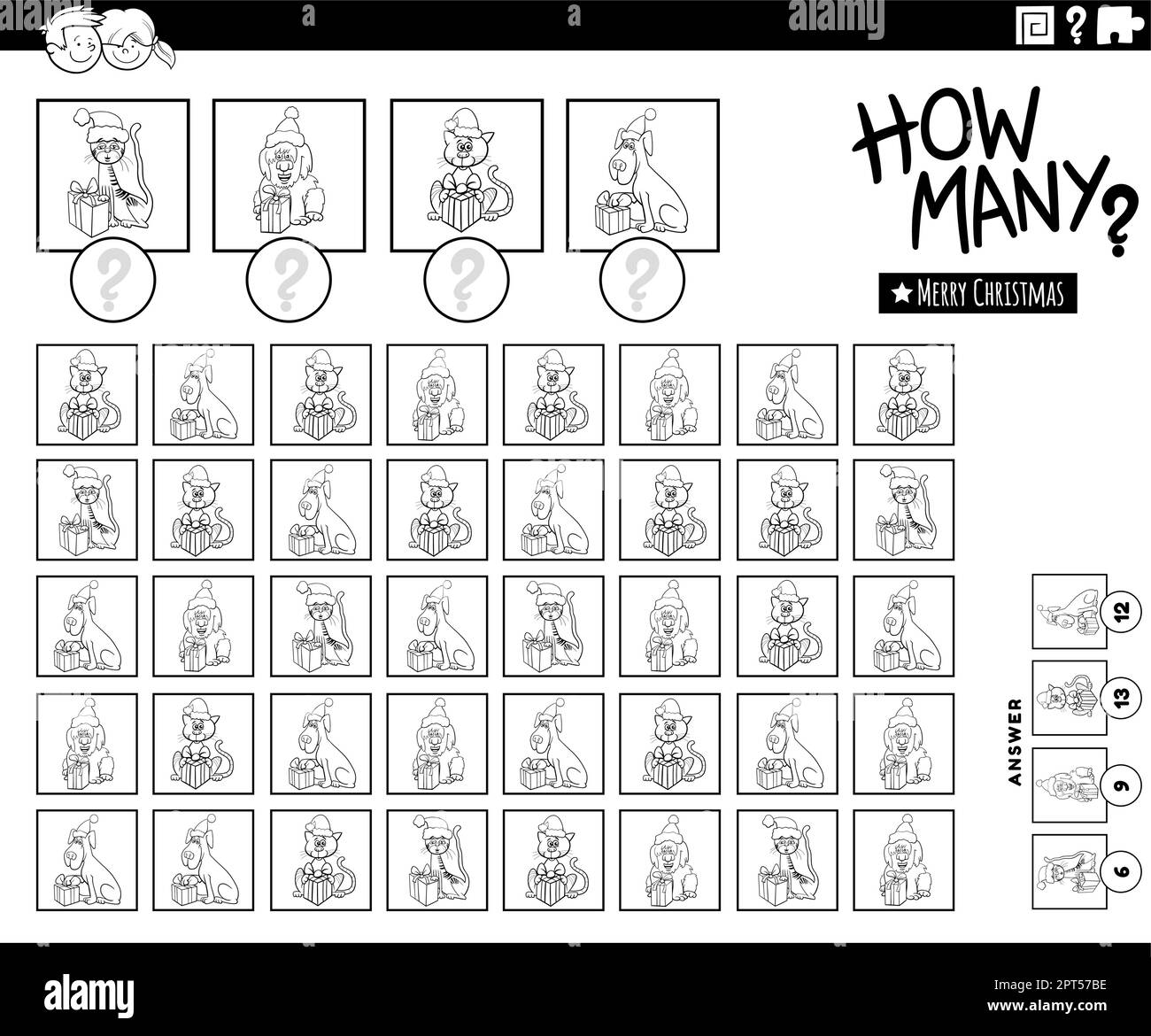 how many Christmas animals counting game coloring page Stock Vector