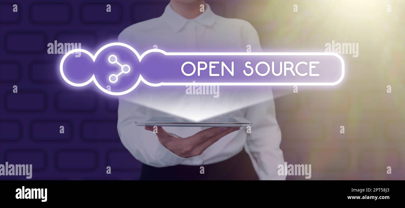 Text caption presenting Open Source, Business showcase contains the source code that can be modified and enhanced Stock Photo