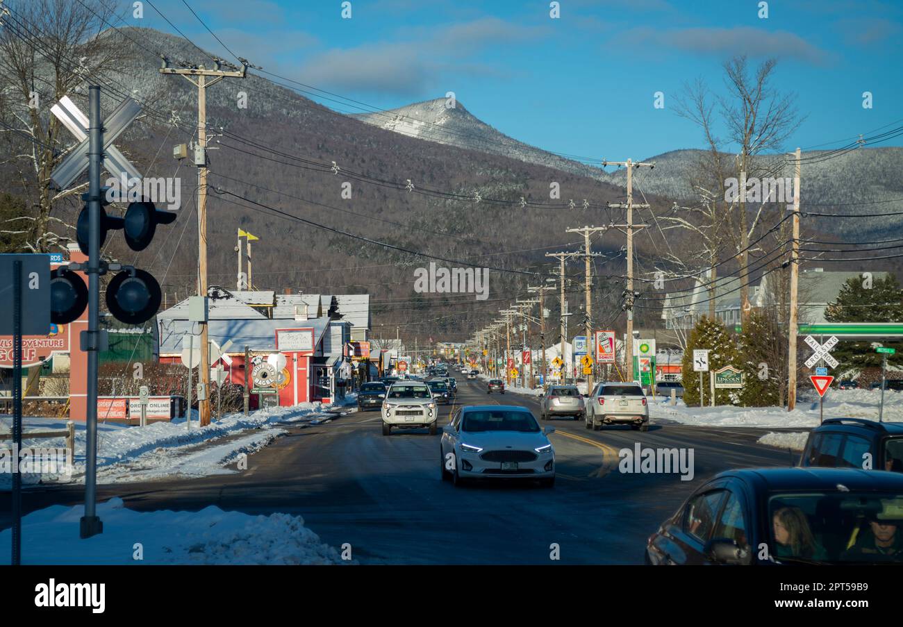 Traffic on Main Street in Lincoln, New Hampshire, USA. A small town 131