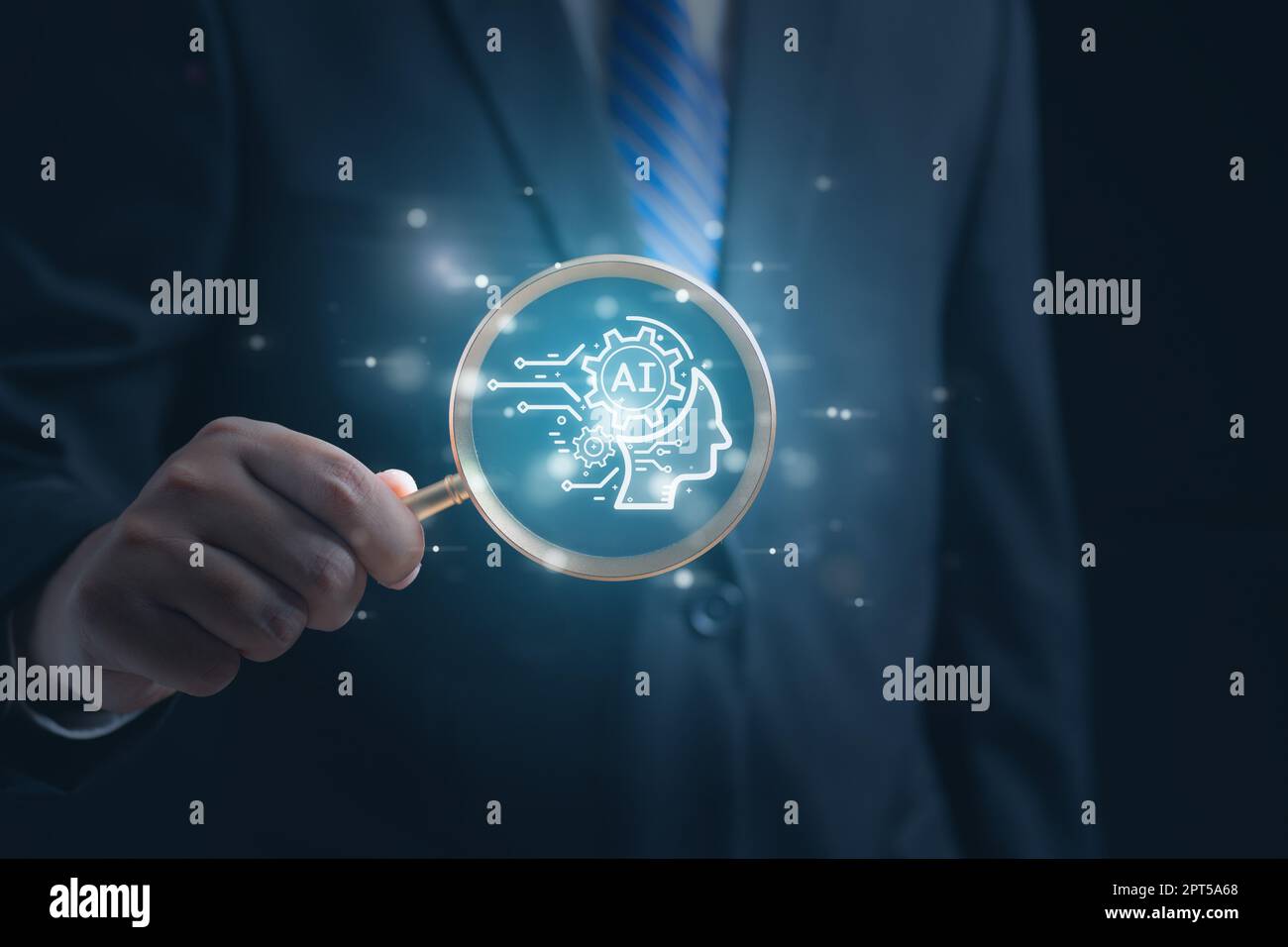 Businessman using chatbot on smartphone with Artificial Intelligence Stock Photo