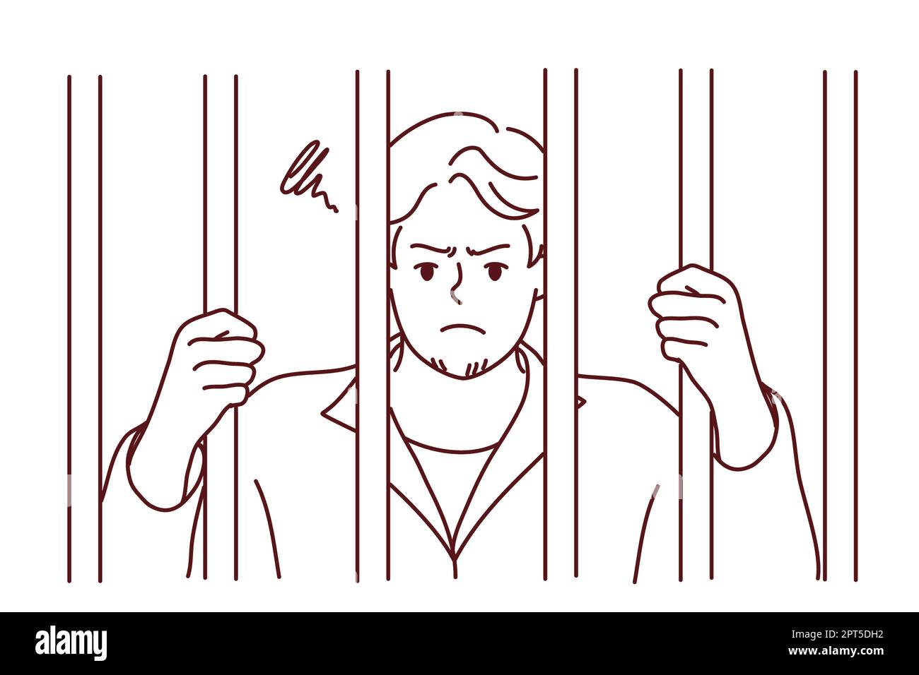 Unhappy man in robe behind bars in jail. Angry male criminal imprisoned