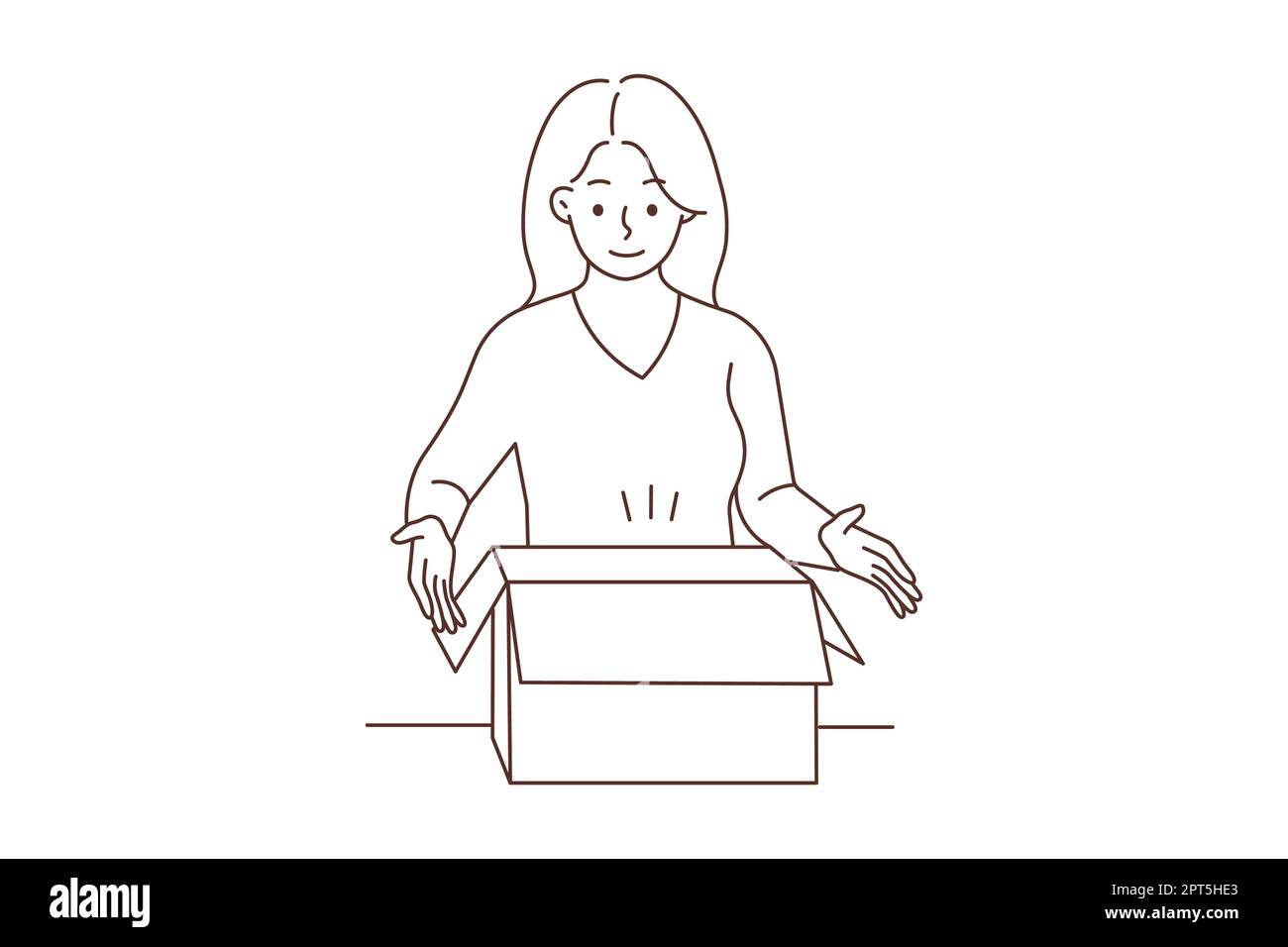 Smiling young woman unpack carton box with order. Happy female client