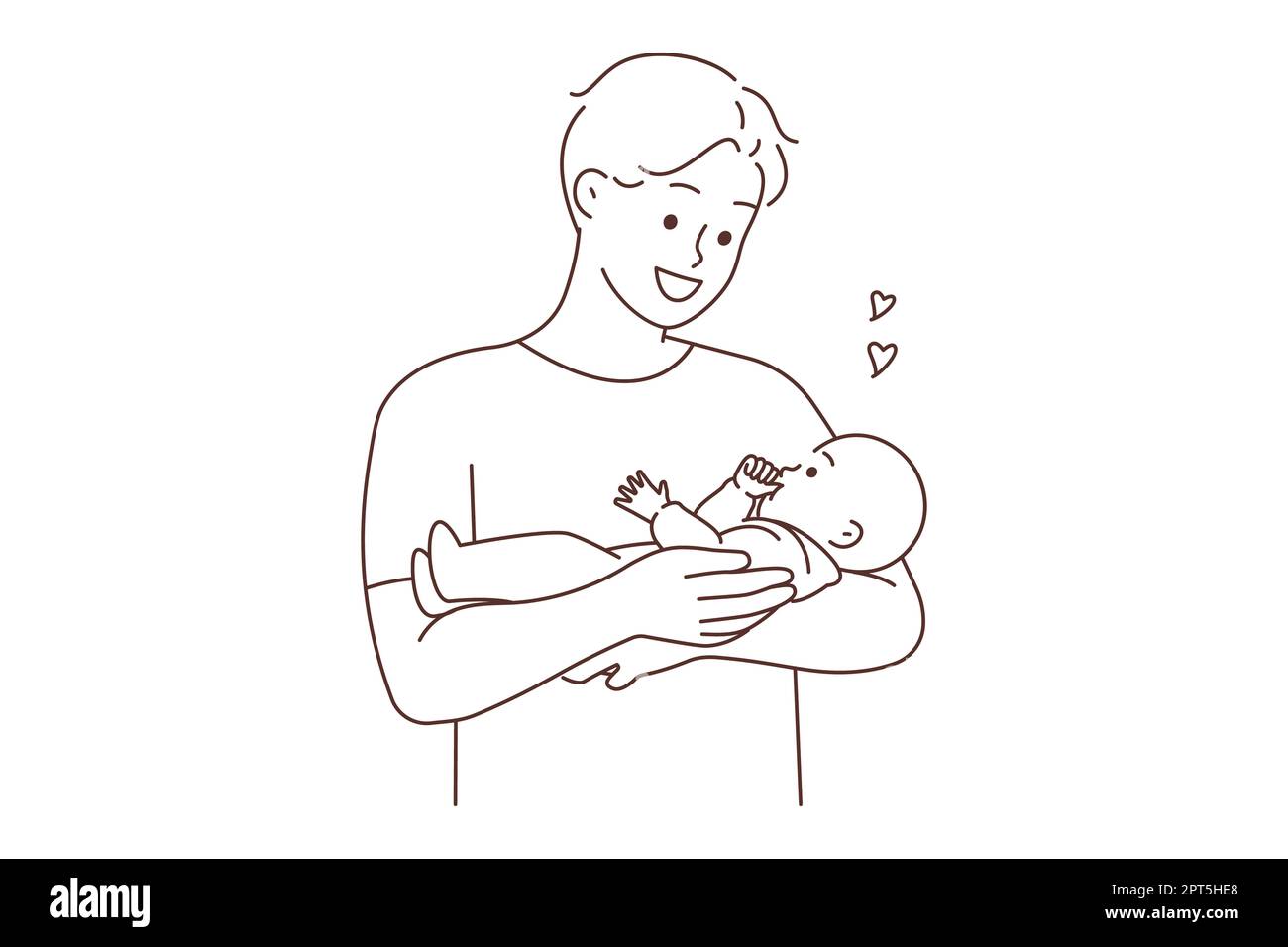 Smiling young father holding baby in arms showing love and care. Happy dad cuddle cute infant ...