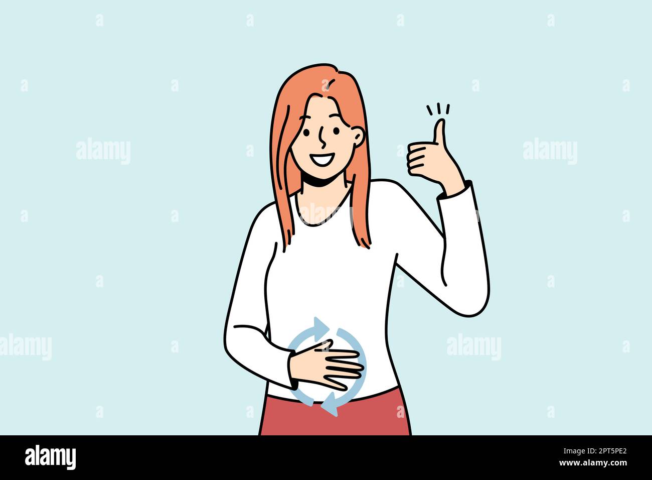 Happy girl feeling good herself after eating. Young lady has healthy