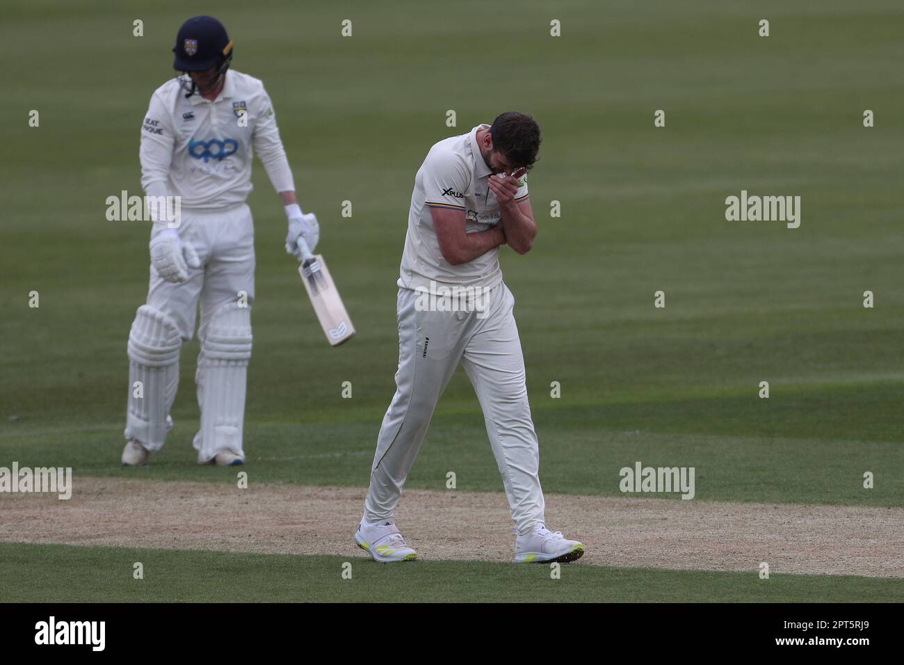 Derbyshire's Ben Aitchinson reacts after having an LBW appal turned down during the LV= County Championship match between Durham and Derbyshire at the Seat Unique Riverside, Chester le Street on Thursday 27th April 2023. (Photo: Mark Fletcher | MI News) Credit: MI News & Sport /Alamy Live News Stock Photo