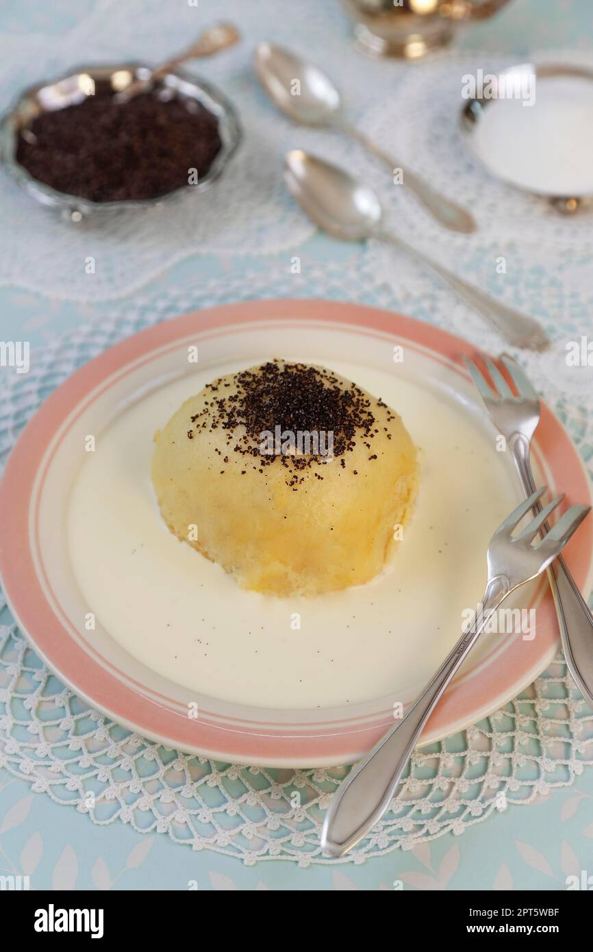 Swabian cuisine, sweet steamed noodles with vanilla sauce and poppy seeds, sauce, raised steamed