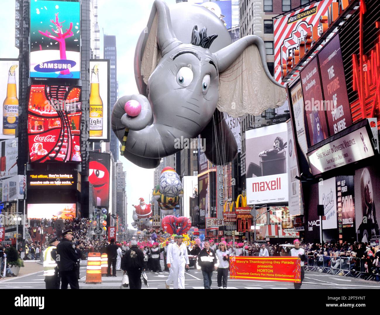 Macy's Thanksgiving Day Parade New York City Horton the Elephant balloon. Crowds on the street. Times Square and Broadway USA. American tradition Stock Photo