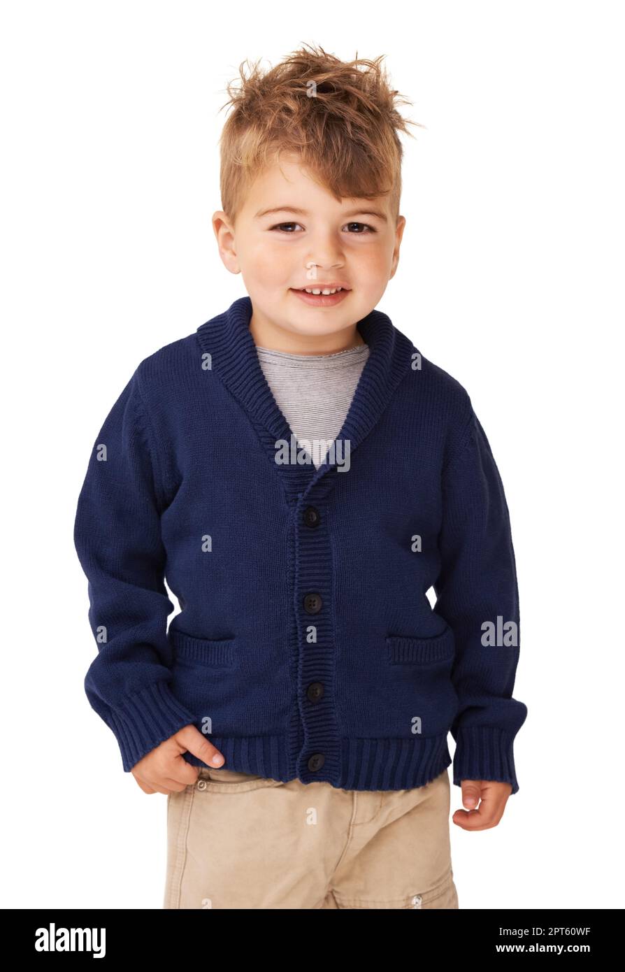 Hes such a good little boy. A cute little boy posing on a white background Stock Photo
