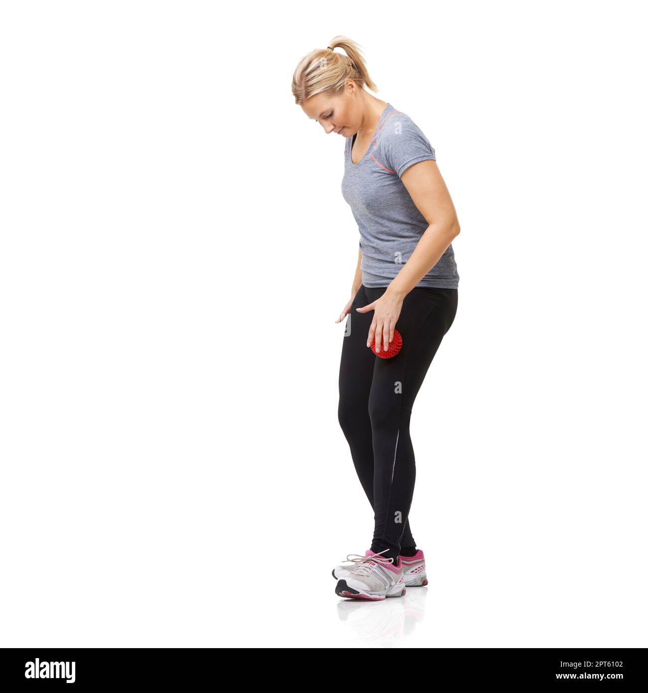 This exercise ball is great for the thighs. A young woman getting in
