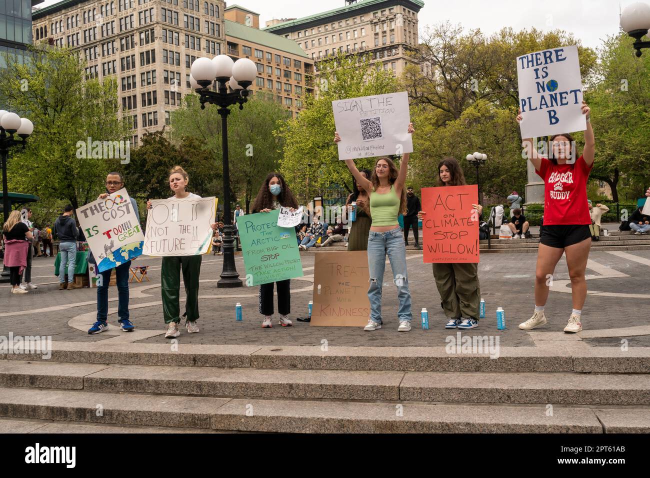 Protesters gather in Union Square Park on Earth Day, Saturday, April 22, 2023 to demonstrate against the ConocoPhillips’ Willow Project, an oil drilling venture in Alaska. (© Richard B. Levine) Stock Photo