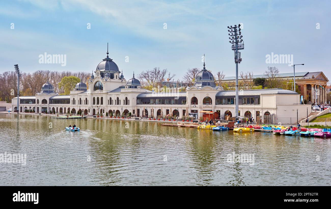 Varosliget Park, lake, pedal boat, Budapest, Hungary Stock Photo