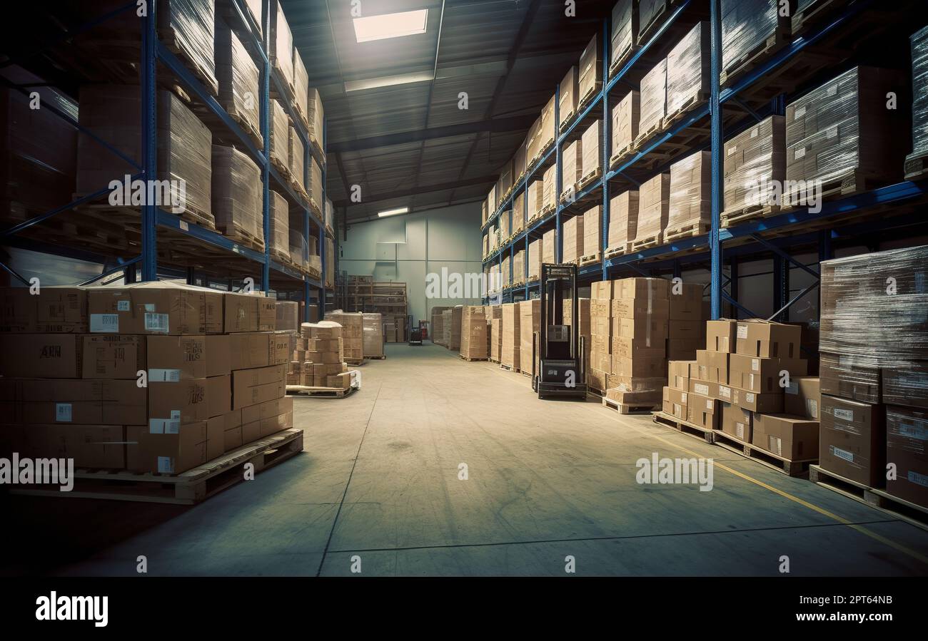 Prompt warehouse with lots of pallets, boxes, racking and forklift