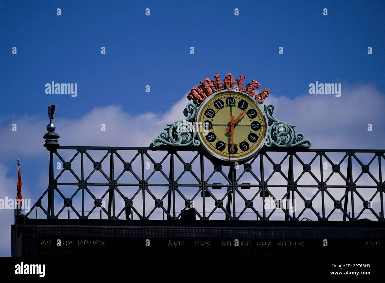 The clock atop the scoreboard at Oriole Park at Camden Yards is visible in  the first inning of a baseball game between the Baltimore Orioles and the  Boston Red Sox, Wednesday, April