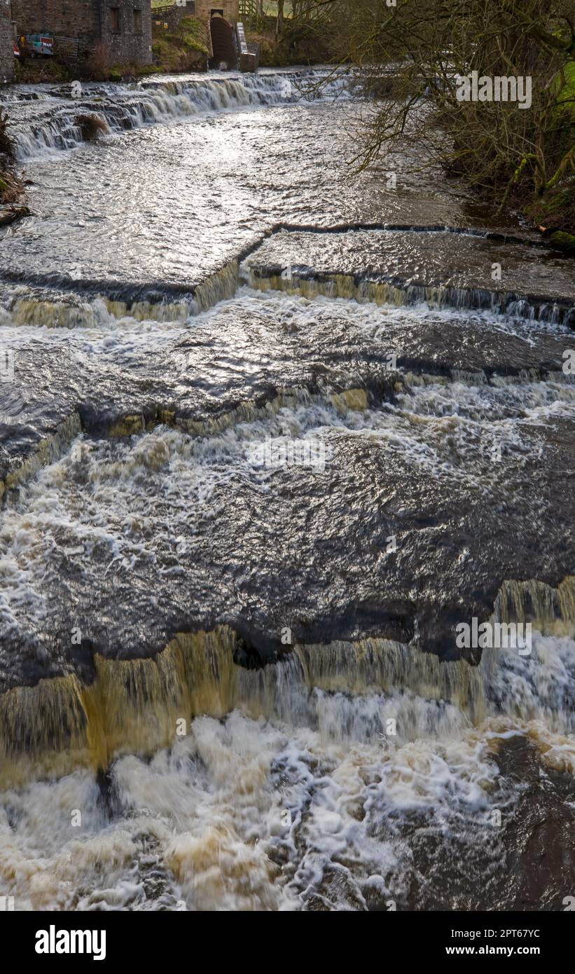 River Bain, Bainbridge, Wensleydale, North Yorkshire. River Bain Hydro is a hydroelectricity generator with a screw turbine. Stock Photo