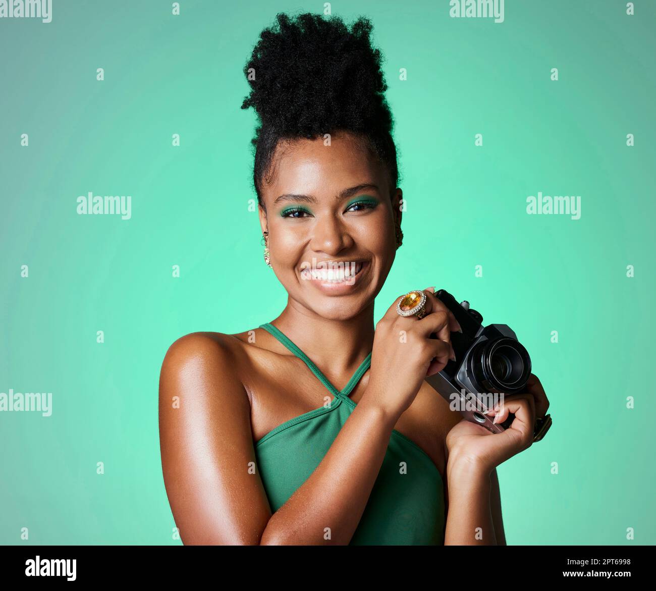 Photography, camera and portrait of a happy black woman standing in a ...