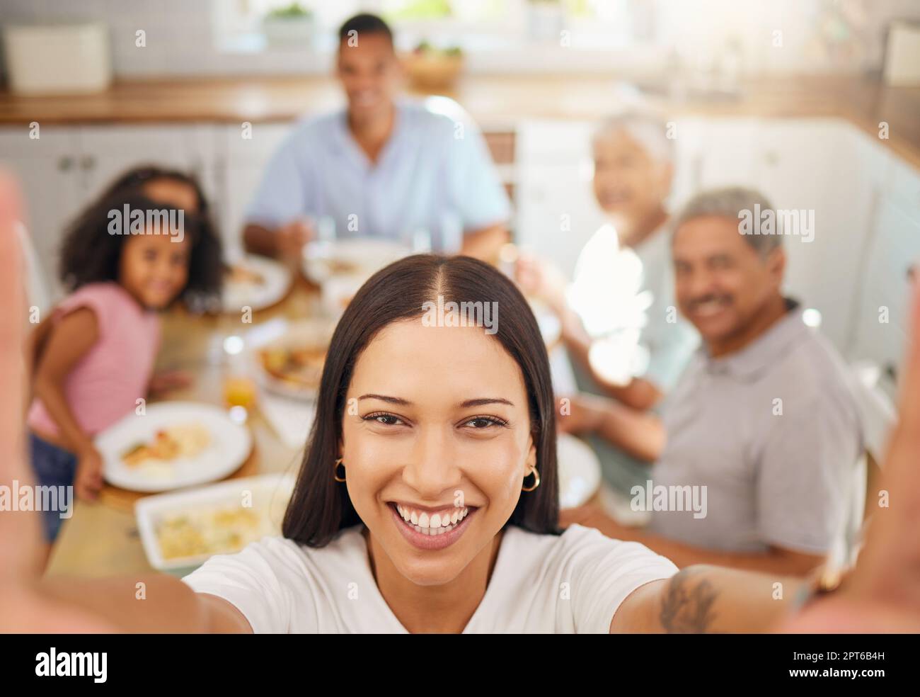 Lunch, Mexico family selfie and food in kitchen dining room table for