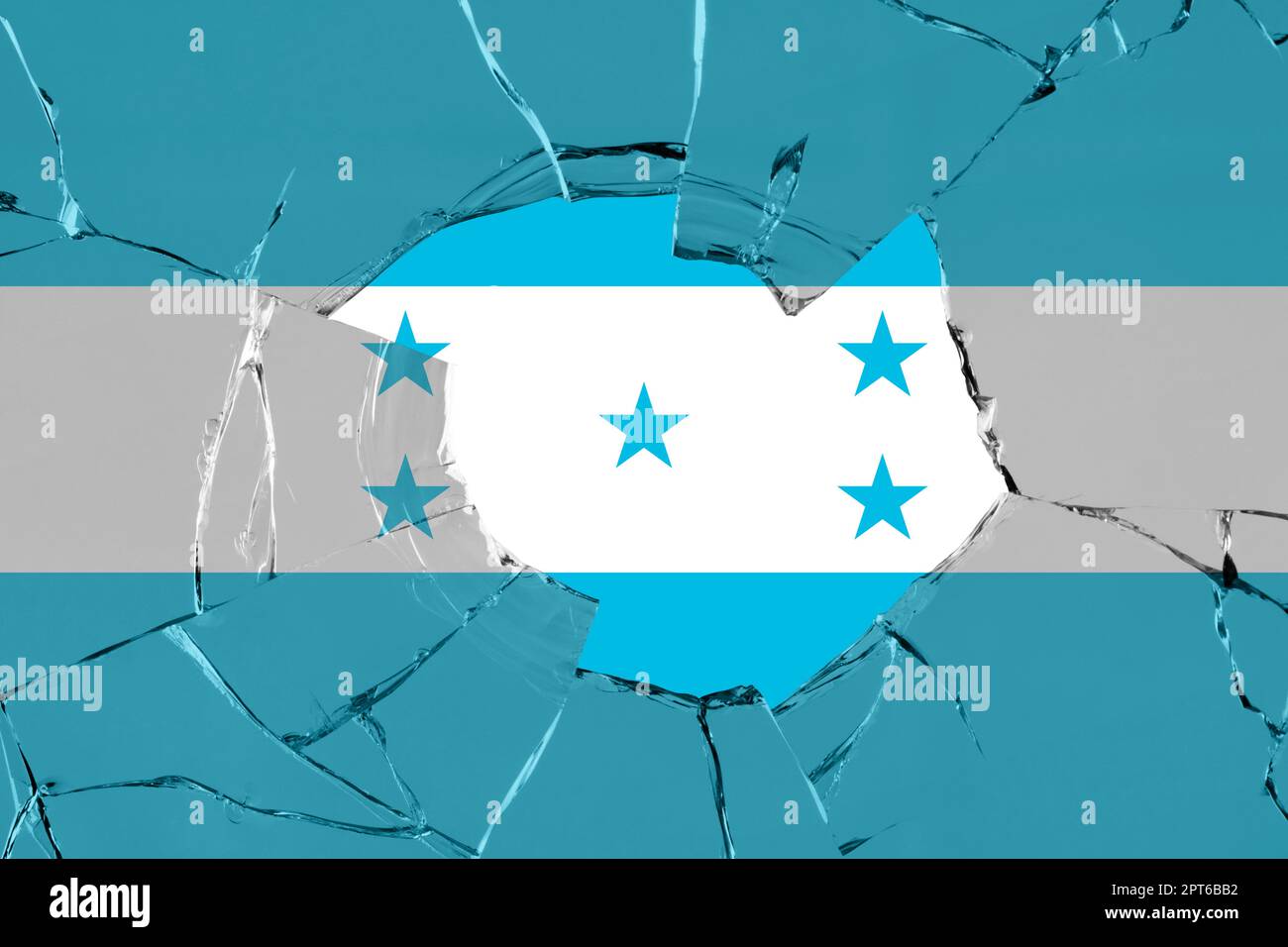 3D Flag of Honduras on a glass breakage background. It is a flag that ...