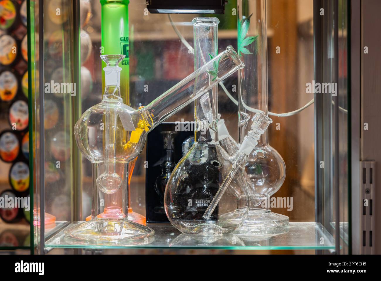 Europe, Netherlands, North Holland, Beverwijk. April 24, 2022. Glass marijuana pipes at a Dutch market. Stock Photo
