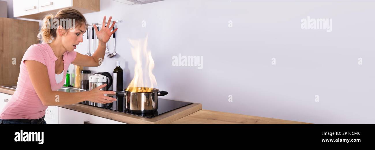 Kitchen Fire. Pan Burn Home Accident While Cooking Stock Photo Alamy