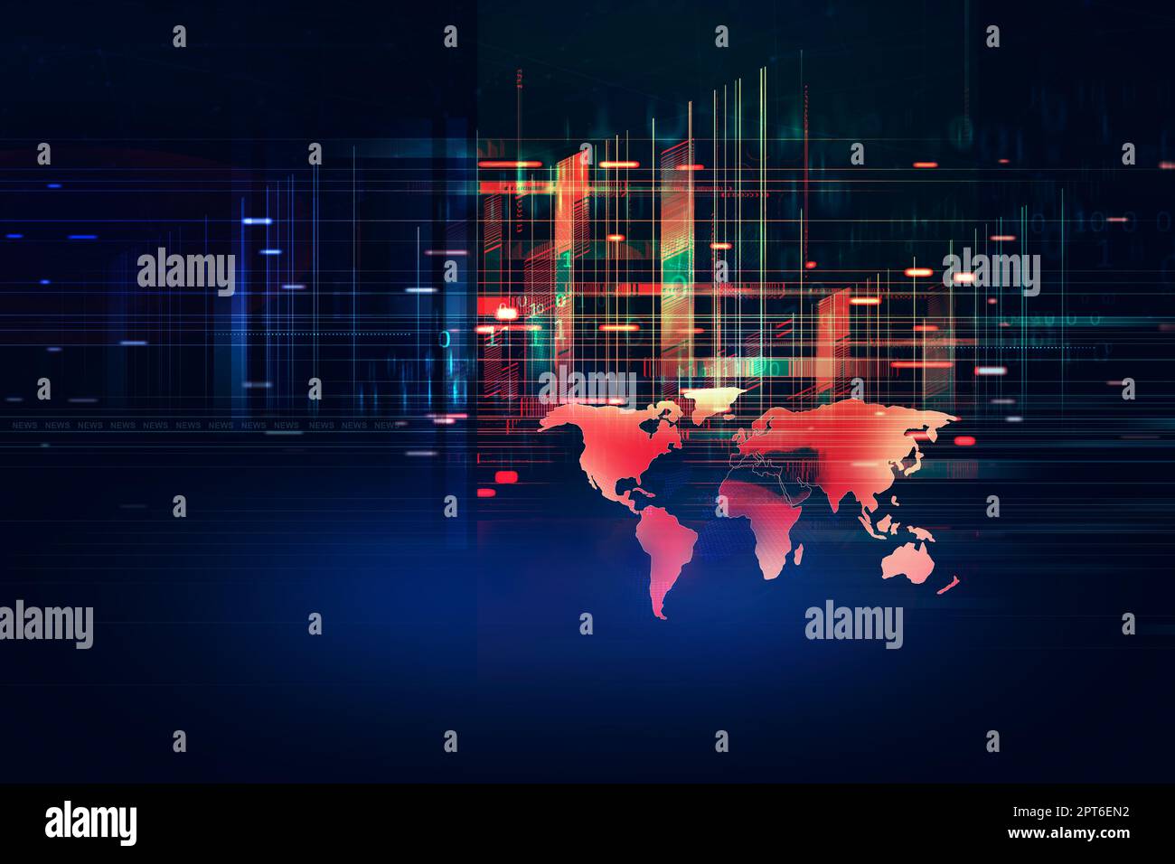 Digital data center with binary code and world map background, digital business concept. 3d