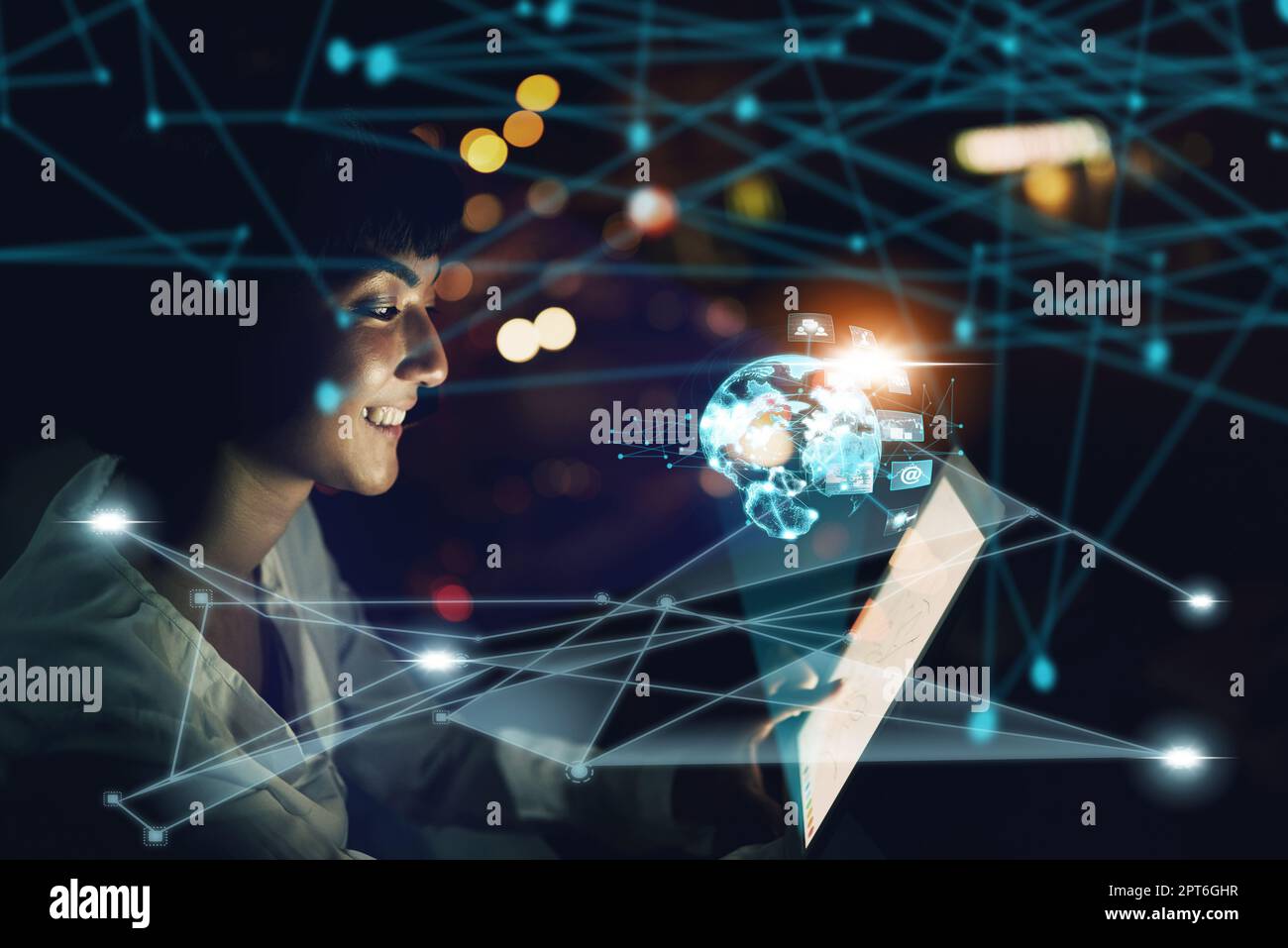 Woman on digital tablet, futuristic network overlay and iot cloud data communication hologram with blockchain coding technology. Future of cyber secur Stock Photo