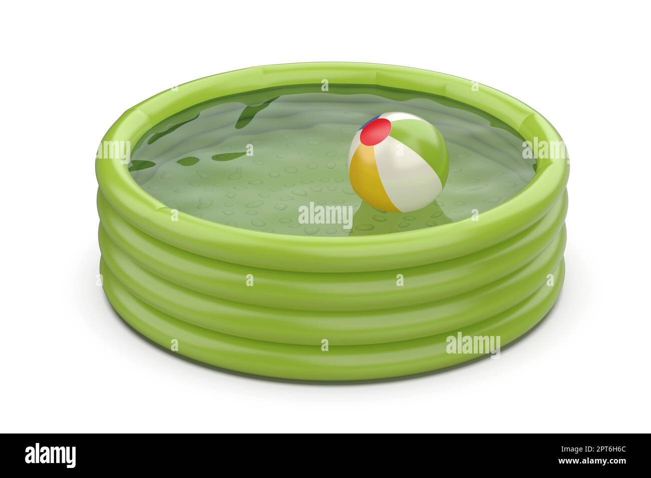 Green inflatable swimming pool and beach ball on white background Stock