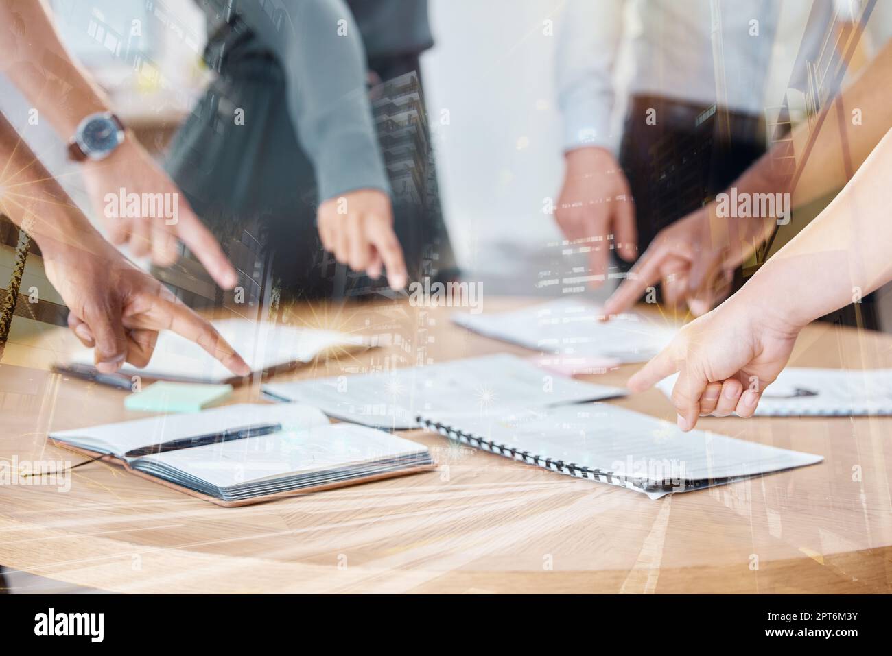Business people, hands and pointing with city double exposure of strategy and planning overlay. Innovation, communication and statistics report for ur Stock Photo