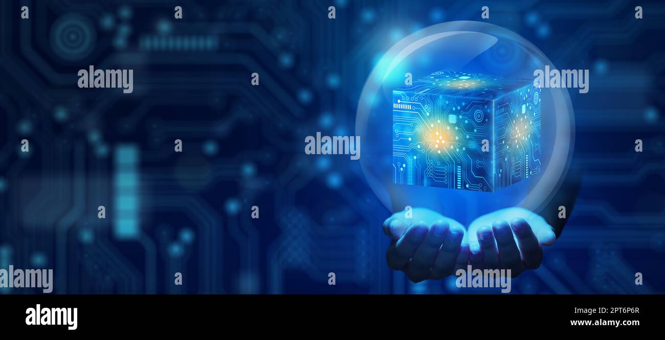 Businessman hands holding Cube technology with Abstract blue background. Blockchain Network System. Big data storage processing, Cloud data, Internet Stock Photo