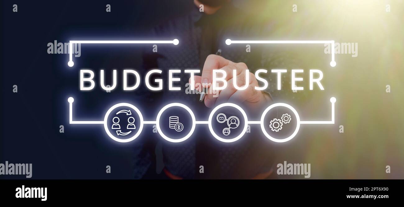 Text showing inspiration Budget Buster, Concept meaning Carefree Spending Bargains Unnecessary Purchases Overspending Stock Photo