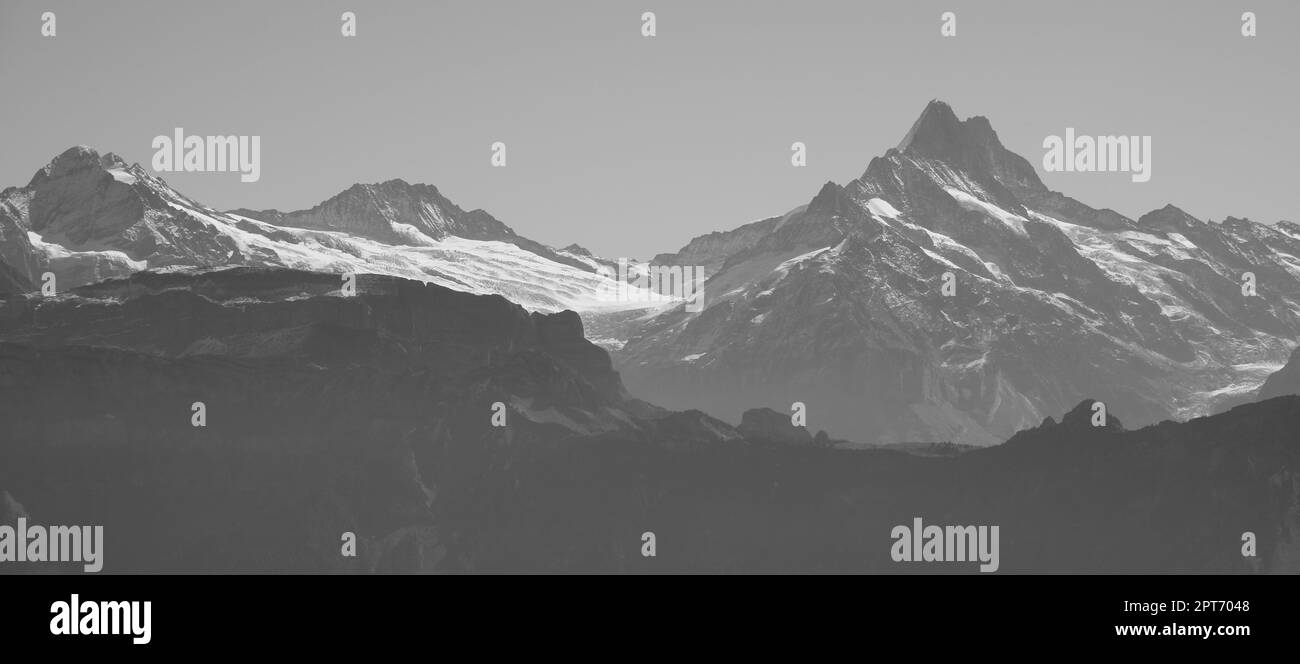 Mount Schreckhorn and Upper Grindelwald Glacier. Stock Photo