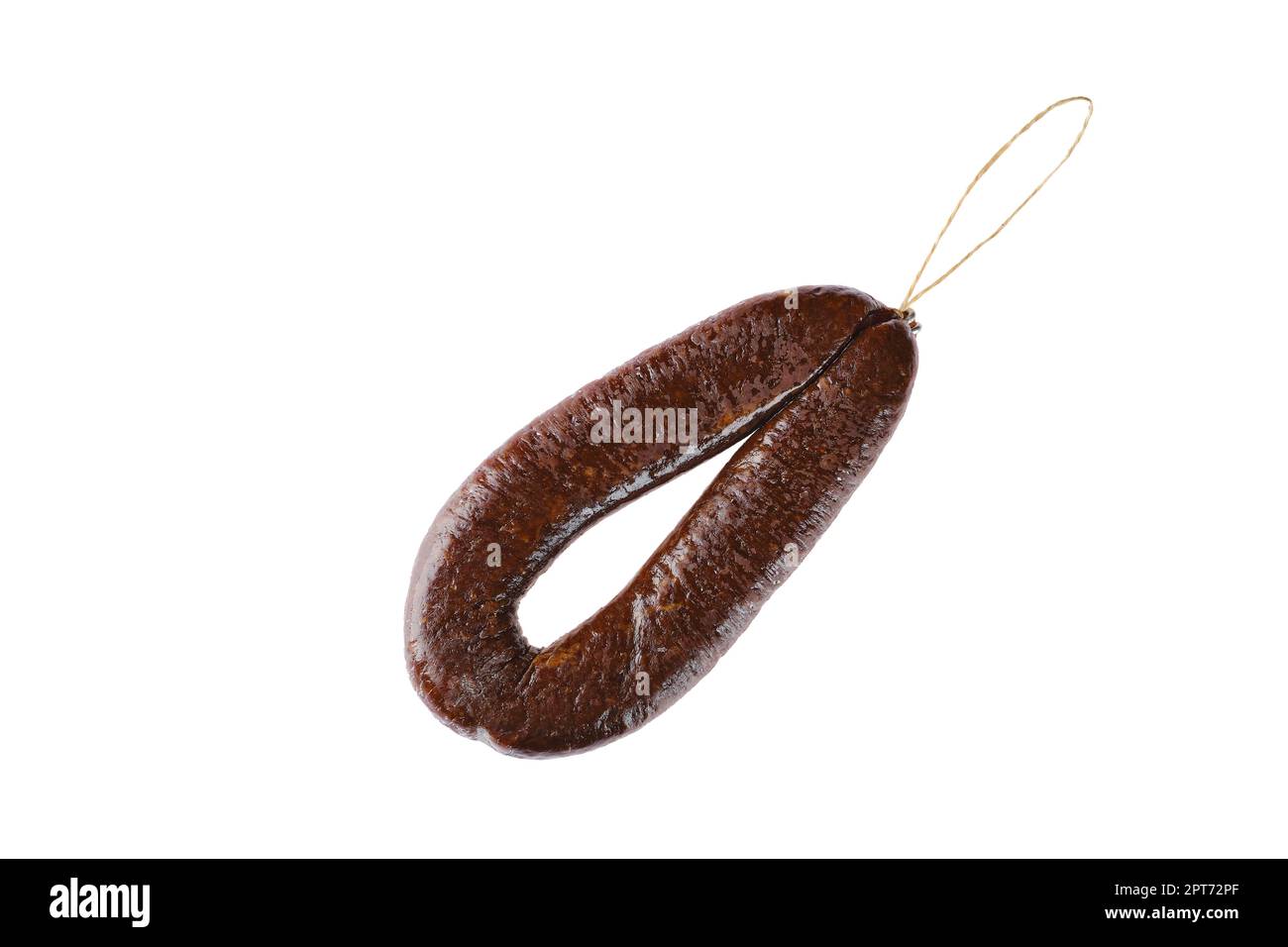 Top view of smoked dried deer sausage isolated on white background