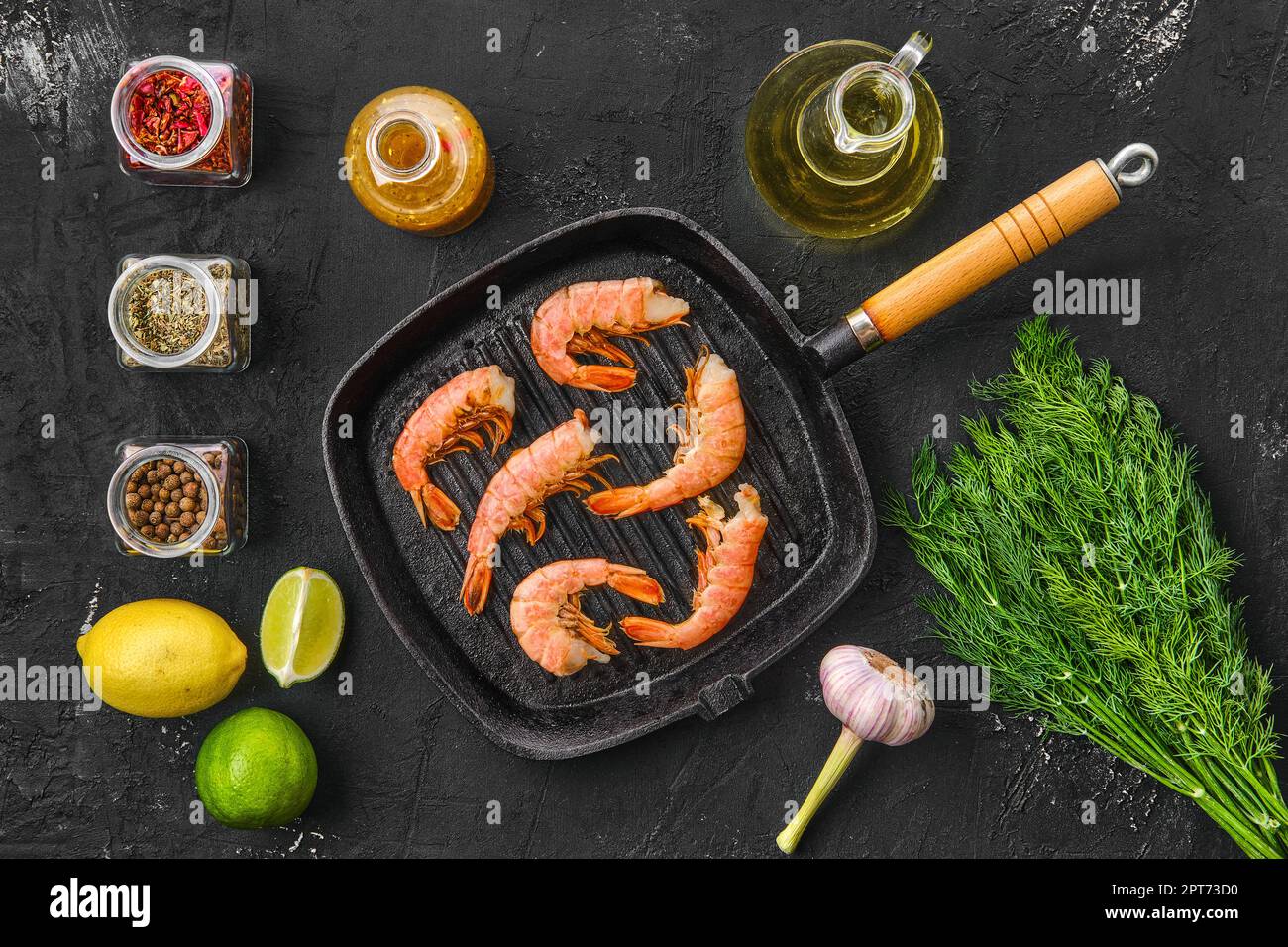 Top view of unpeeled shrimp in frying pan with spice Stock Photo Alamy
