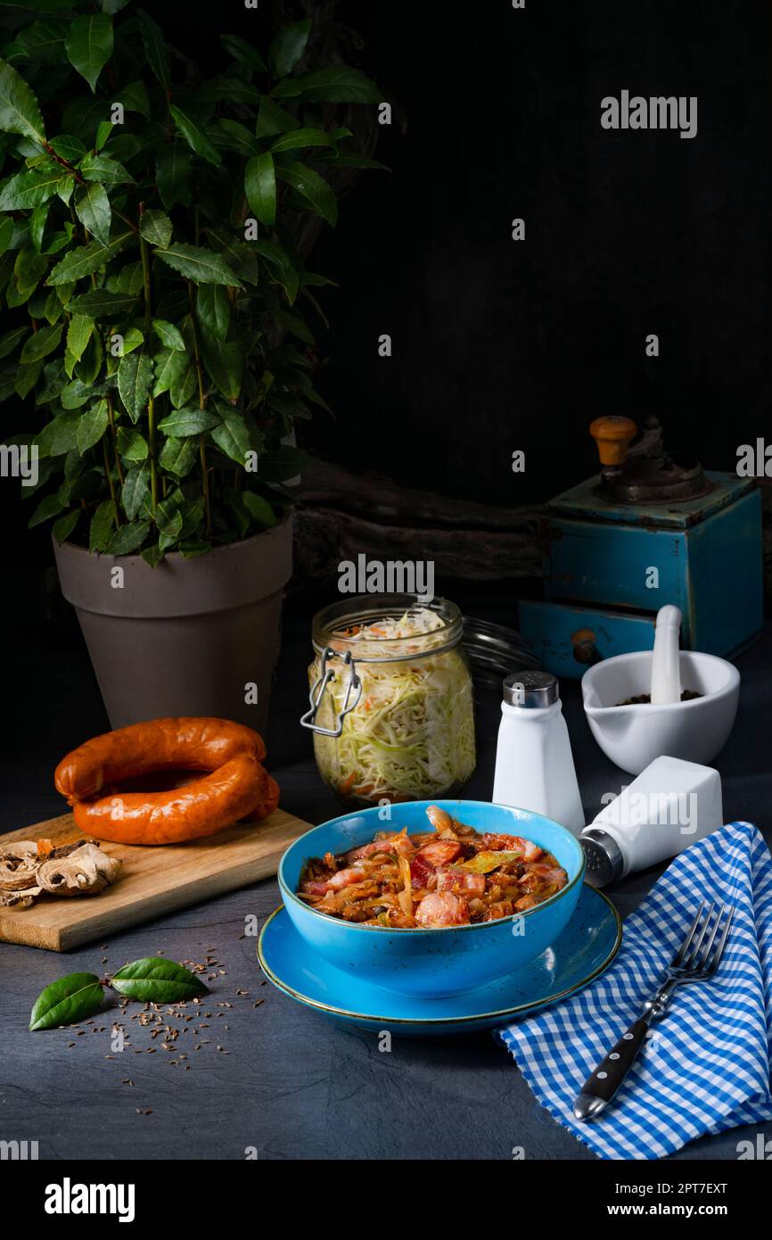 Polish bigos with sausage and mushrooms Stock Photo Alamy