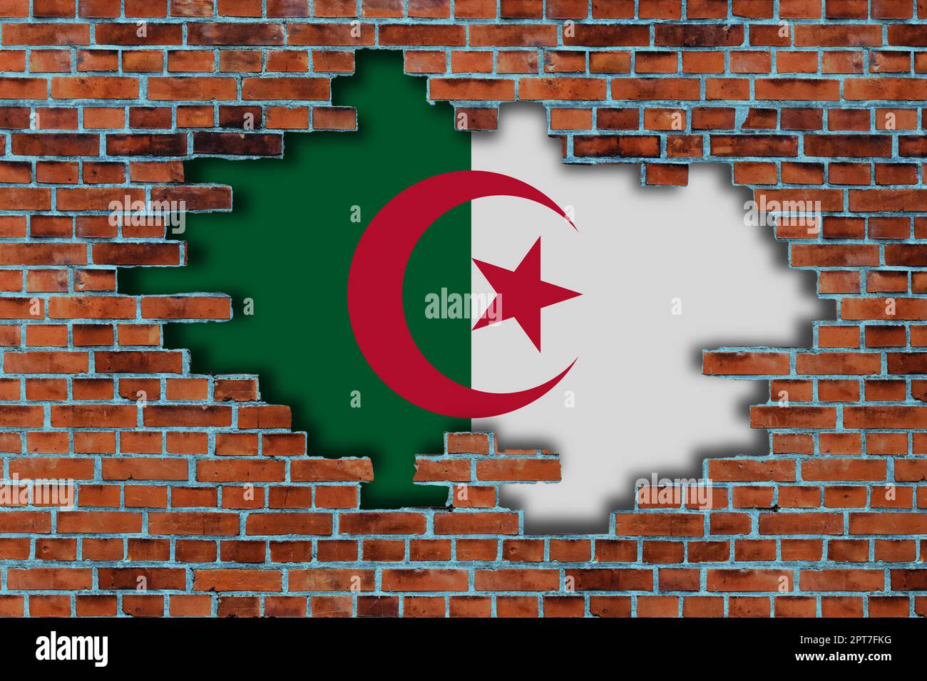 3D Flag of Algeria behind the broken old stone wall background Stock ...
