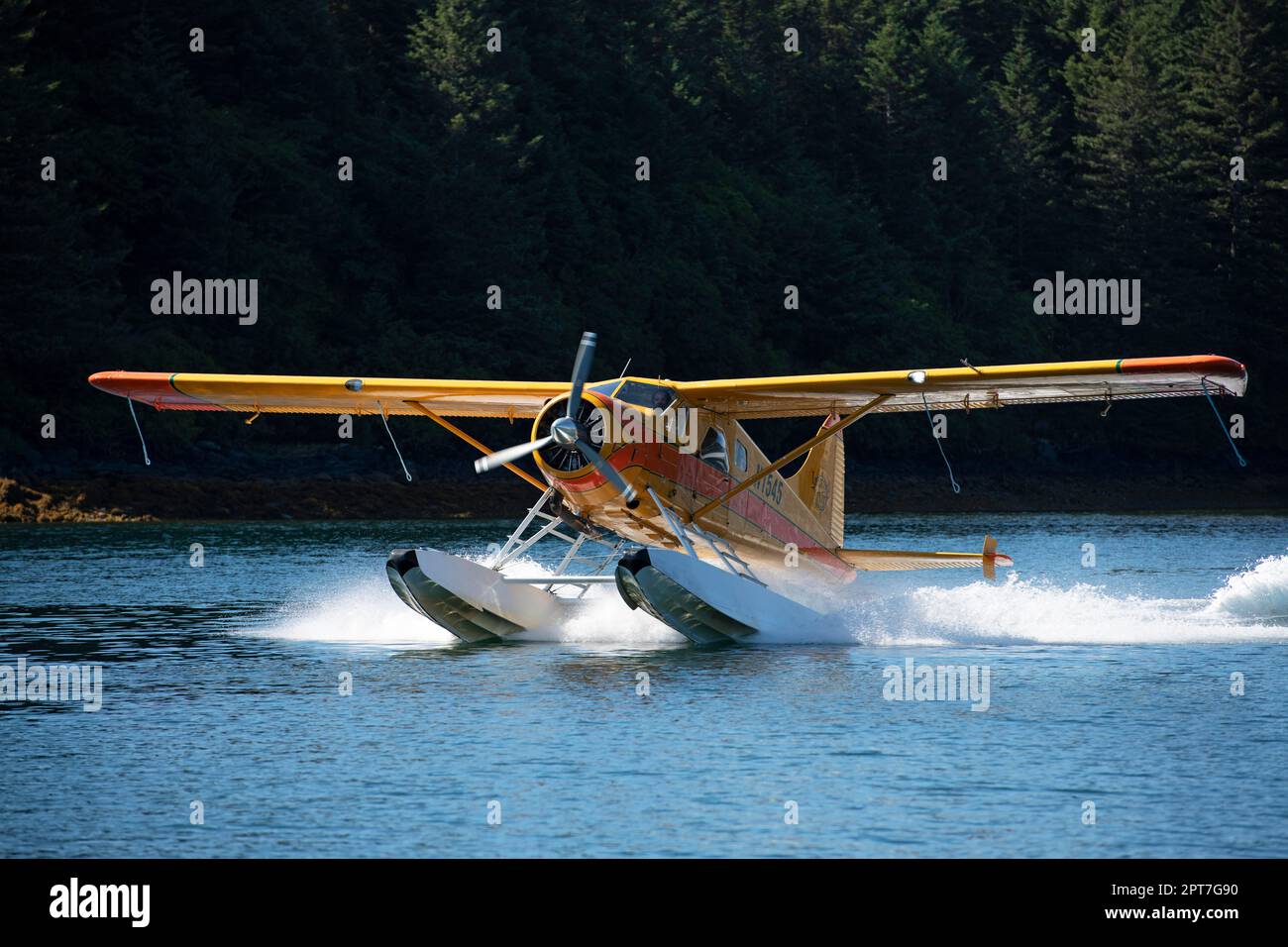 Seaplane landing at Trident Basin Airport, Kodiak Island, Alaska, USA